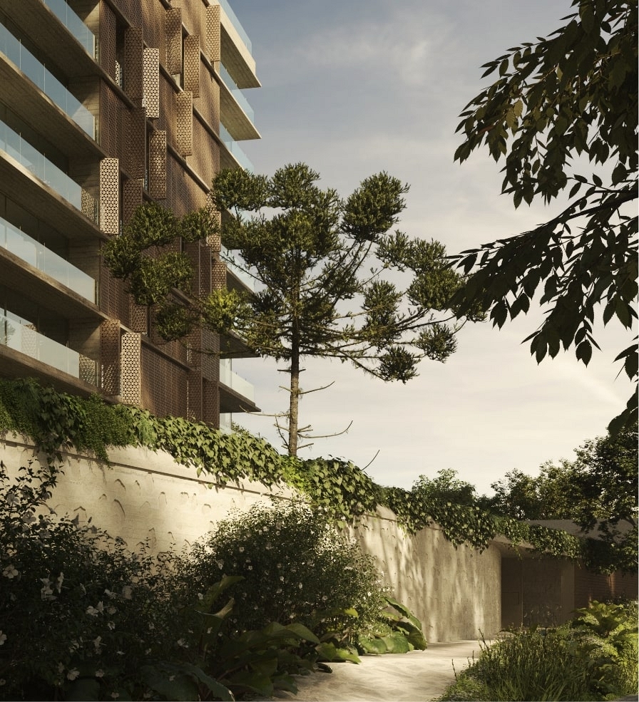 A torre é posicionada ao final do terreno, abrindo espaço para um generoso paisagismo.